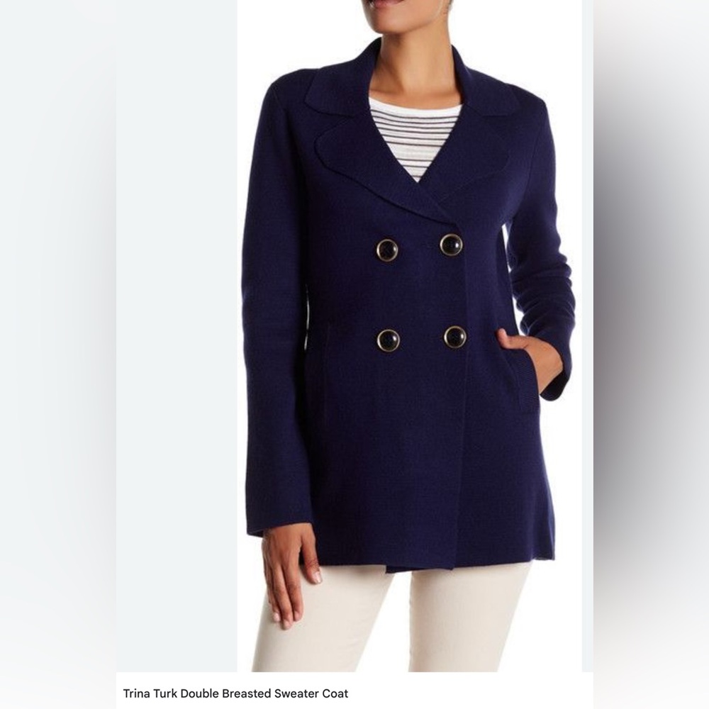 Trina Turk Navy Double-Breasted Sweater coat.